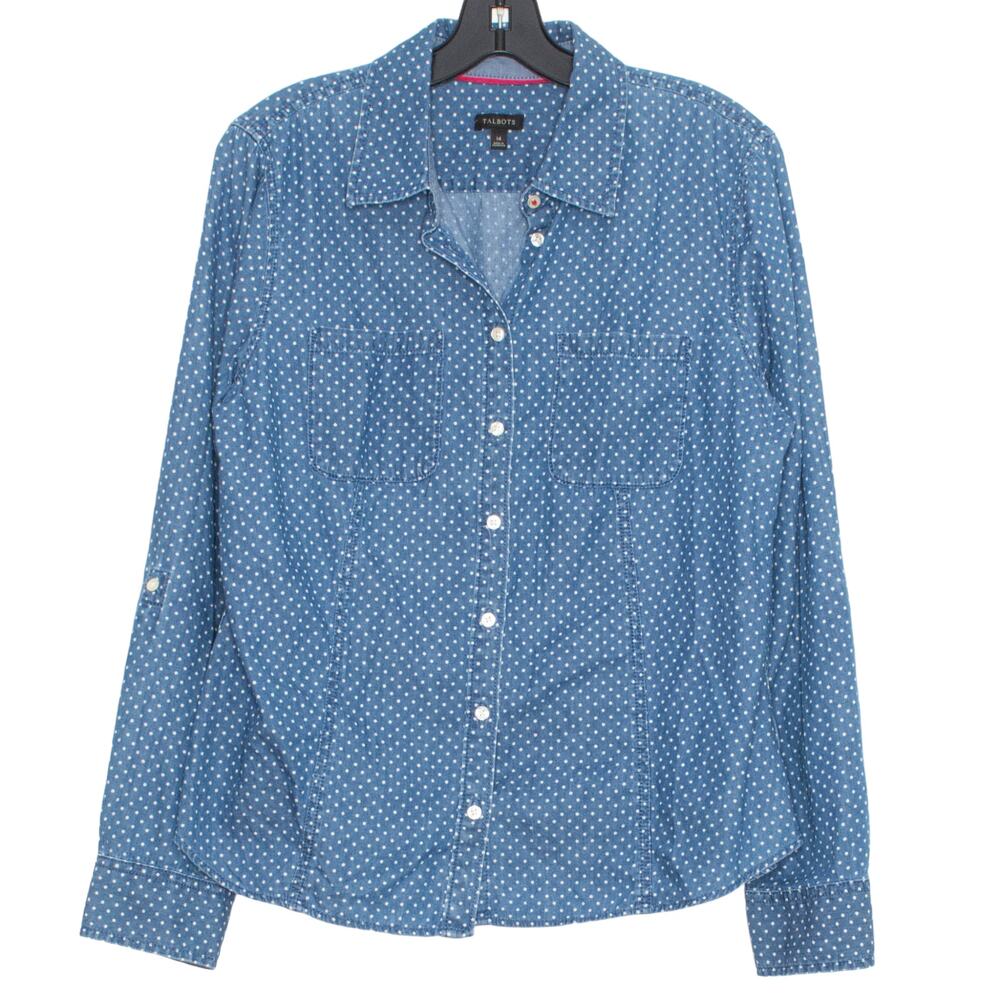 Talbots Womens Top Chambray Button Up Long Sleeve Polka Dot Blue Plus Size 14 DK - Picture 5 of 5